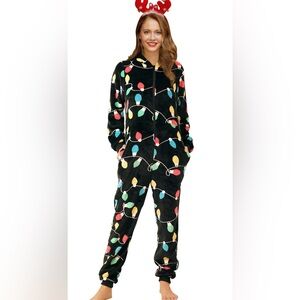 Spadehill Women Christmas Lights Fleece Hooded One Piece Pajamas Long Sleeve S
